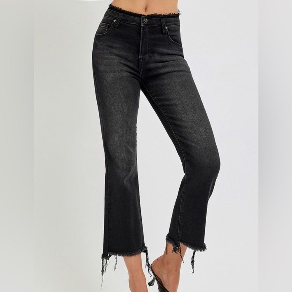 NWT Risen Jeans High Waist Black Wide Leg Frayed Raw Hem Women's Jeans Size 32
